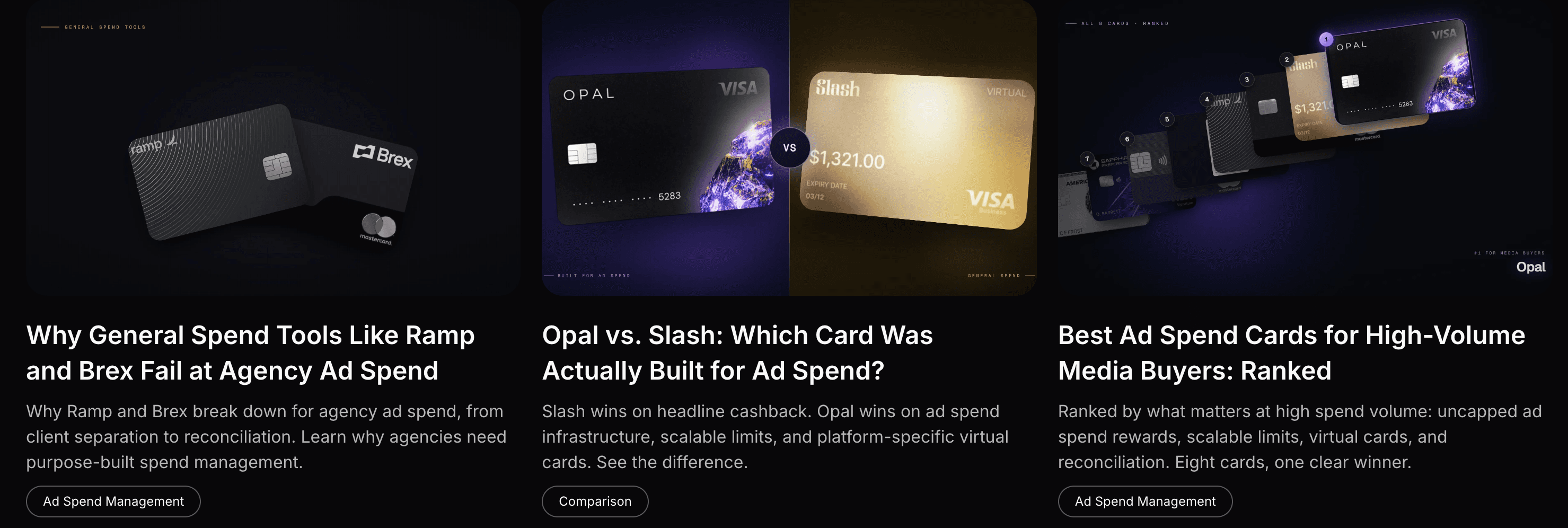 Sample AEO blog posts written for Opal Three AEO blog posts written for Opal covering agency ad spend, an Opal vs Slash comparison, and a ranked list of ad spend cards