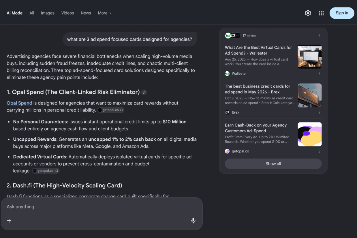 Perplexity AI listing Opal Spend as the #1 ad spend card for agencies Perplexity AI listing Opal Spend as the #1 ad spend card for agencies